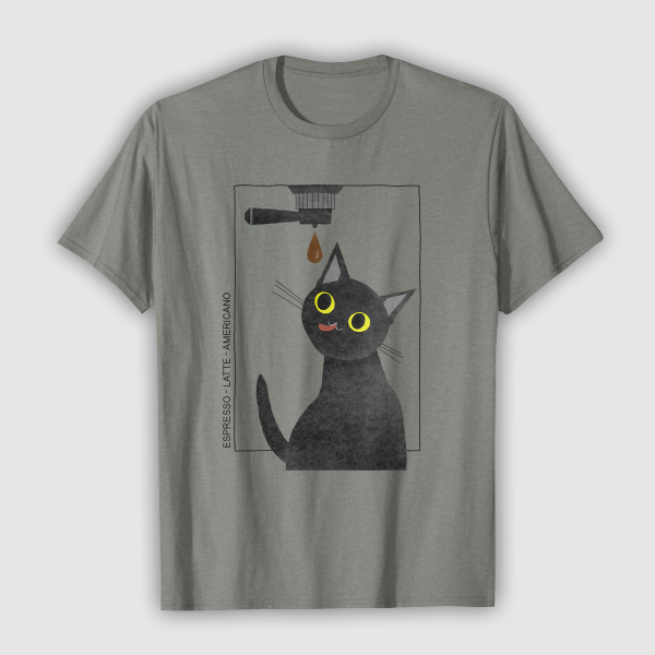 Tops & T-Shirts: Caffeine Cat - Coffee Lover (Mens - T-Shirt - Olive Heather)