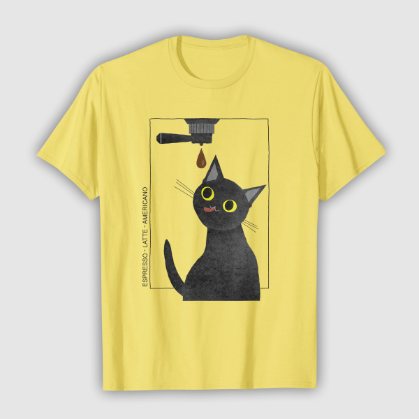 Tops & T-Shirts: Caffeine Cat - Coffee Lover (Mens - T-Shirt - Yellow)