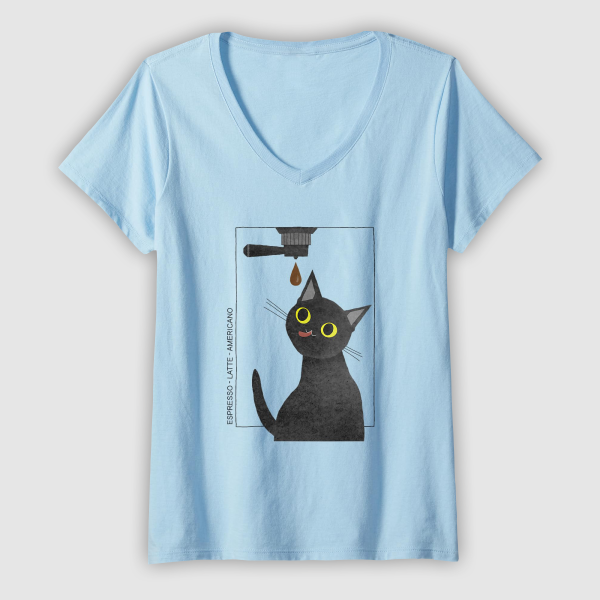 Tops & T-Shirts: Caffeine Cat - Coffee Lover (Womens - T-Shirt - Baby Blue)