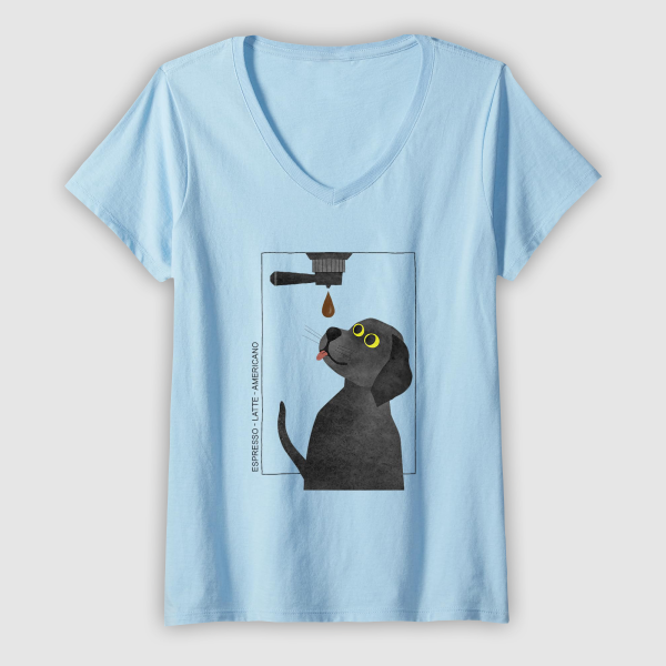 Tops & T-Shirts: Caffeine Dog - Coffee Lover (Womens - V-neck T-shirt - Baby Blue)