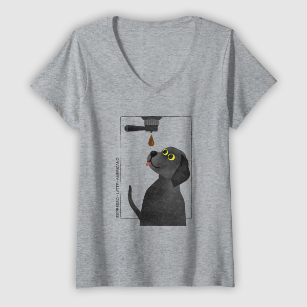 Tops & T-Shirts: Caffeine Dog - Coffee Lover (Womens - V-neck T-shirt - Heather Grey)